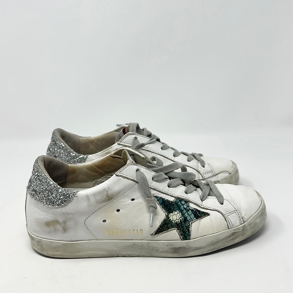 Golden Goose Shoes - Golden Goose White silver Glitter Snakeskin Star Superstar Sneakers